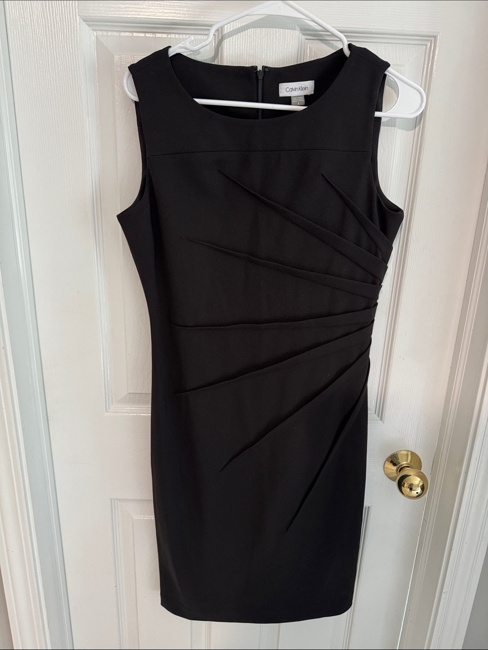 Calvin Klein Black Sleeveless Midi Sheath Dress with Asymmetric Pleats